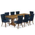 9-Piece Acacia Wood Dining Set with Navy Blue Faux Leather Chairs F968325