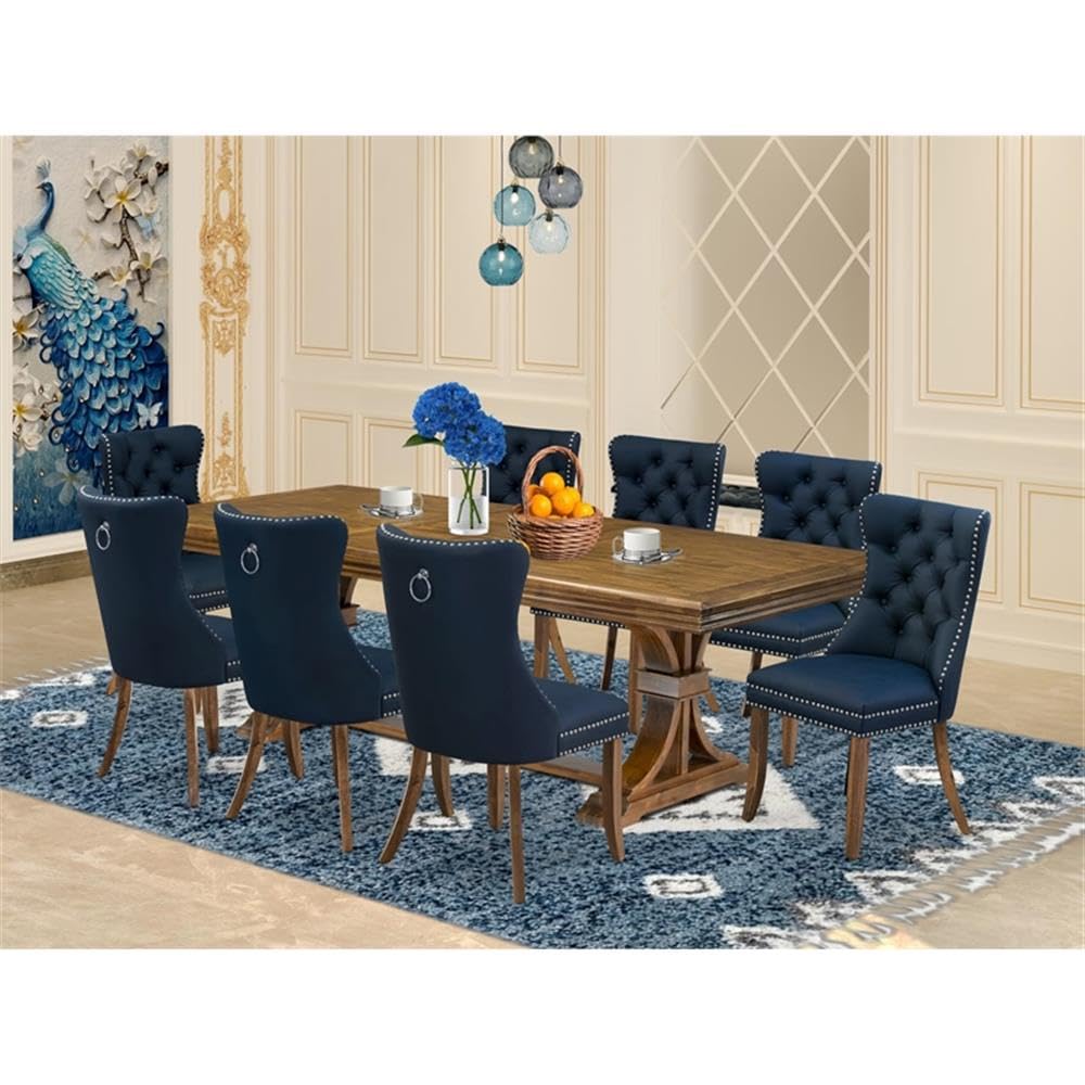 9-Piece Acacia Wood Dining Set with Navy Blue Faux Leather Chairs F968325