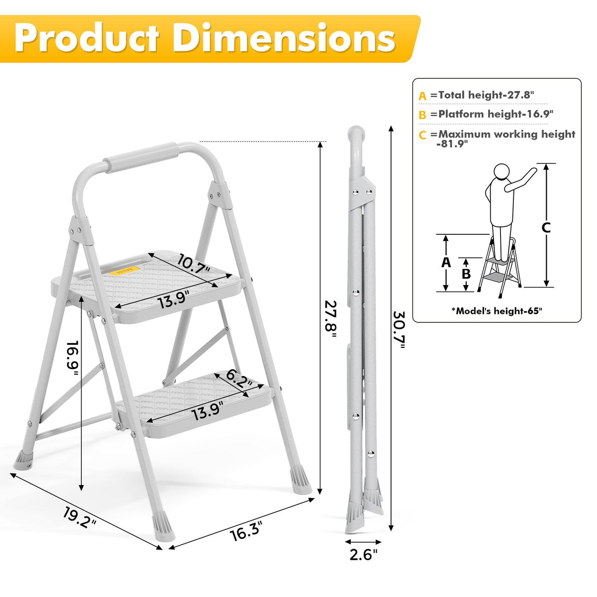 2 Step Folding Steel Ladder with Handrails W5707