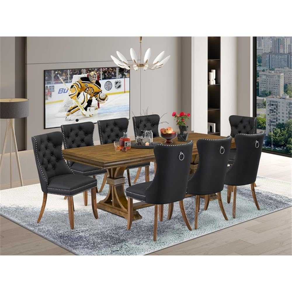 9-Piece Acacia Wood Dining Table Set with 8 Dark Grey Chairs R637479