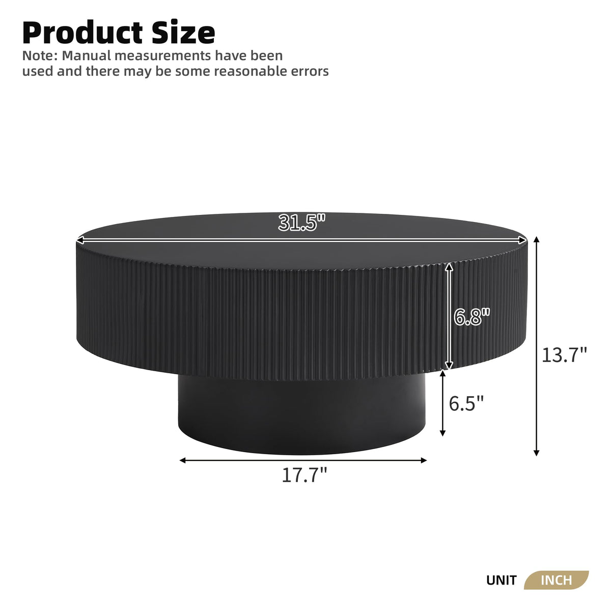 Round Coffee Table, 31.5" Fluted Pedestal Wood Table, Black E978