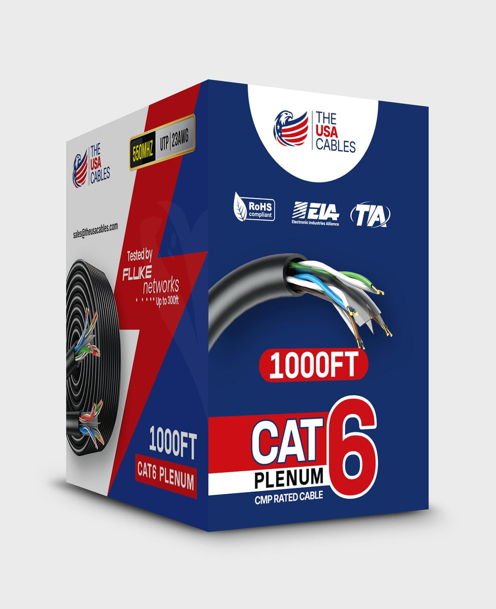 Cat6 Plenum Ethernet Cable 1000FT CMP Rated 23AWG Solid Conductor UTP Blue M1539