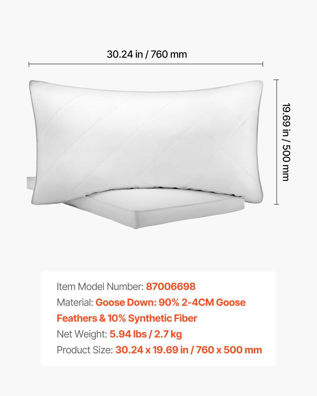 Queen Size White Set of 2 Bed Pillows O753017