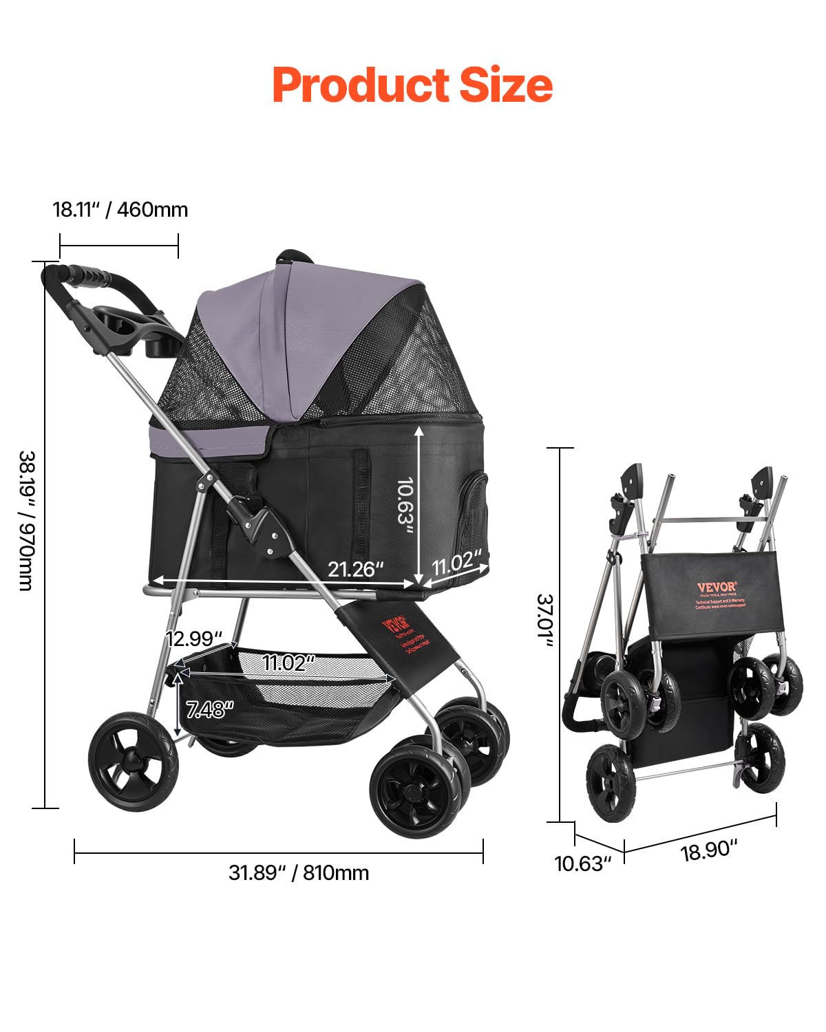 Foldable 4 Wheels Pet Stroller with Detachable Carrier K17301