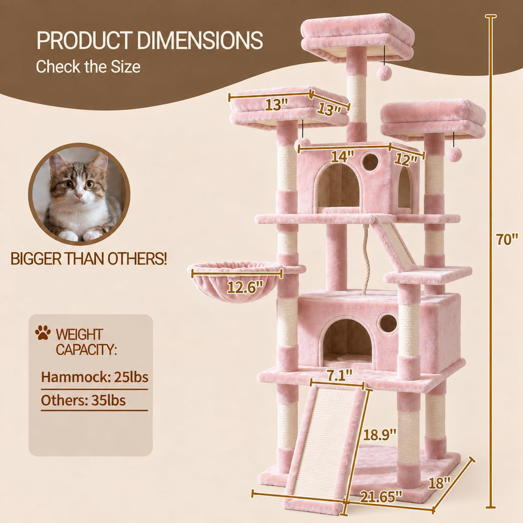 70 Inch Tall Multi-Level Cat Tree Tower with Scratching Posts, Hammock & Perches J3310