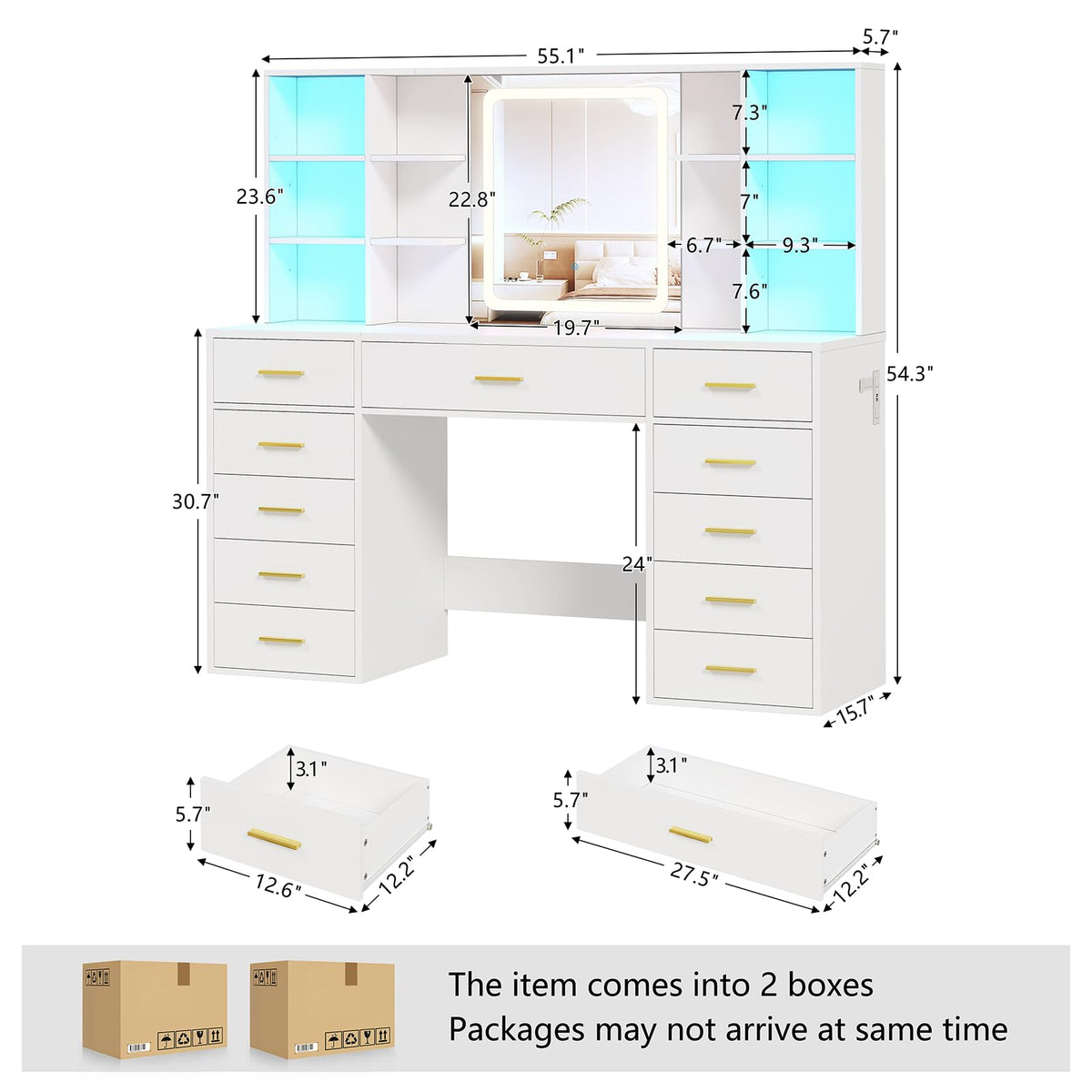 55" Extra-Wide White Makeup Vanity Desk with Lighted Mirror & 11 Drawers G84715