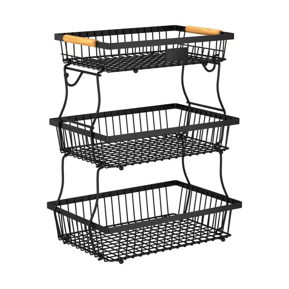Black 3 Tier Metal Fruit Basket with Wooden Handle U410
