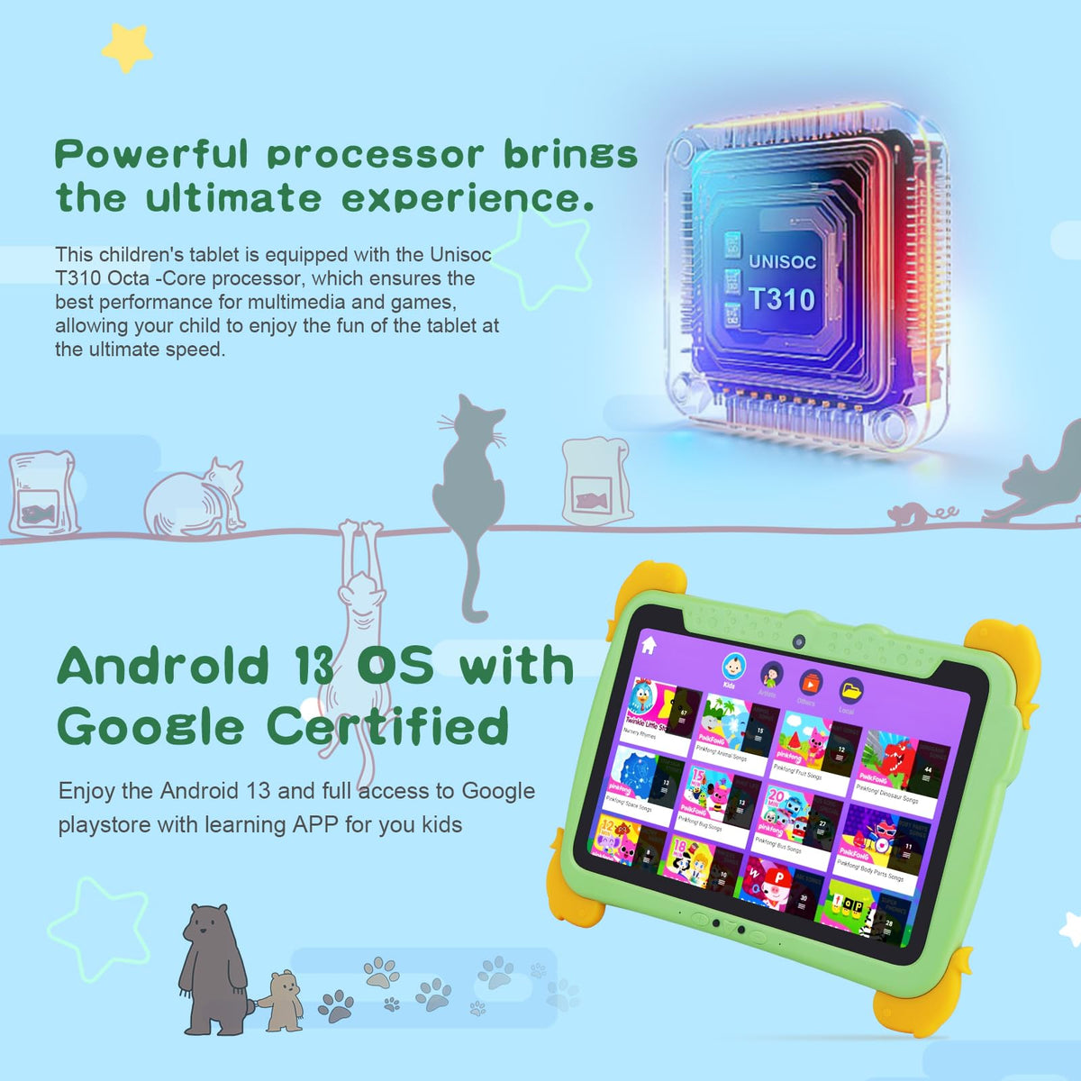 10.1 inch Kids Tablet Android 13 4GB RAM 64GB ROM FHD IPS Screen Green Q281