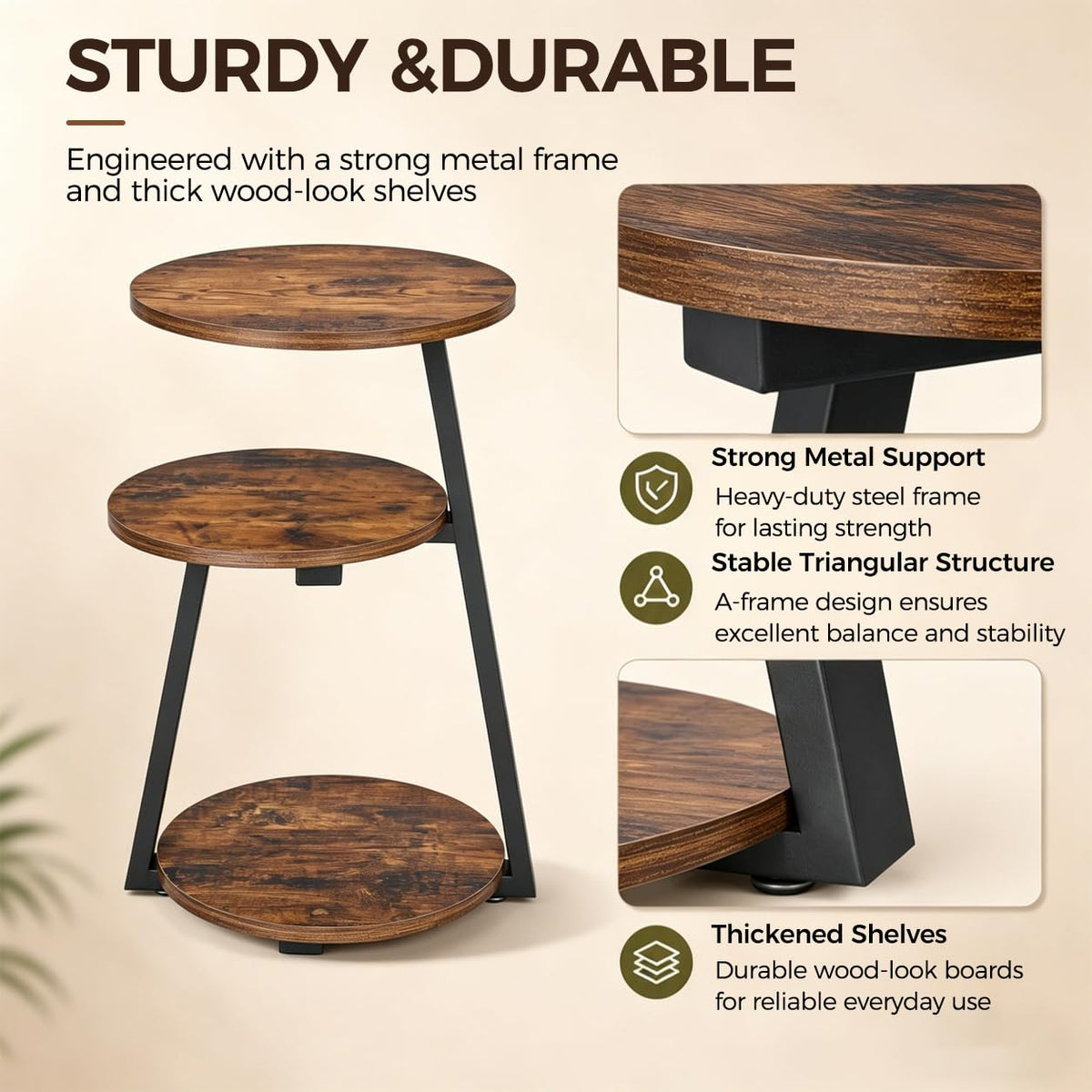 Small Round 3-Tier Side Table with Storage Shelves E783