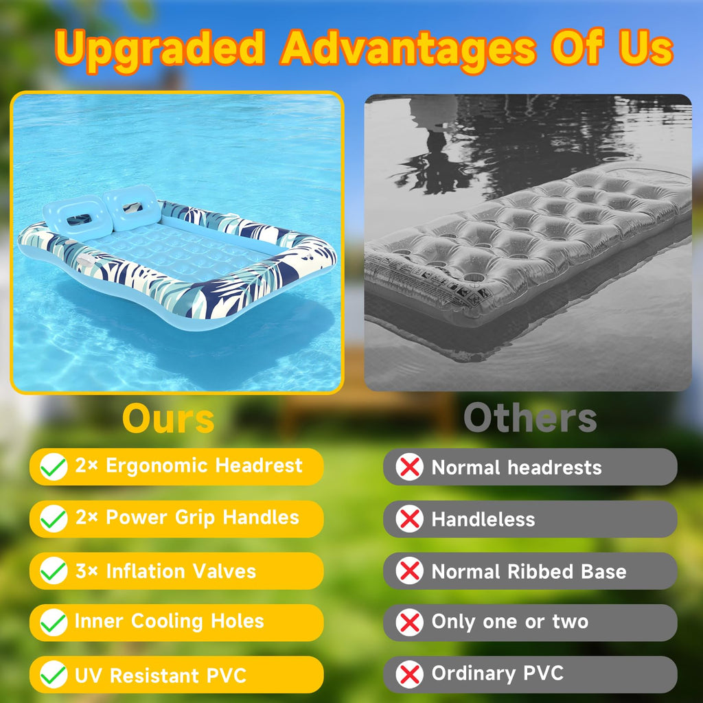75"x64" XXL Inflatable Tanning Pool Lounger Float with Pillow Blue I847