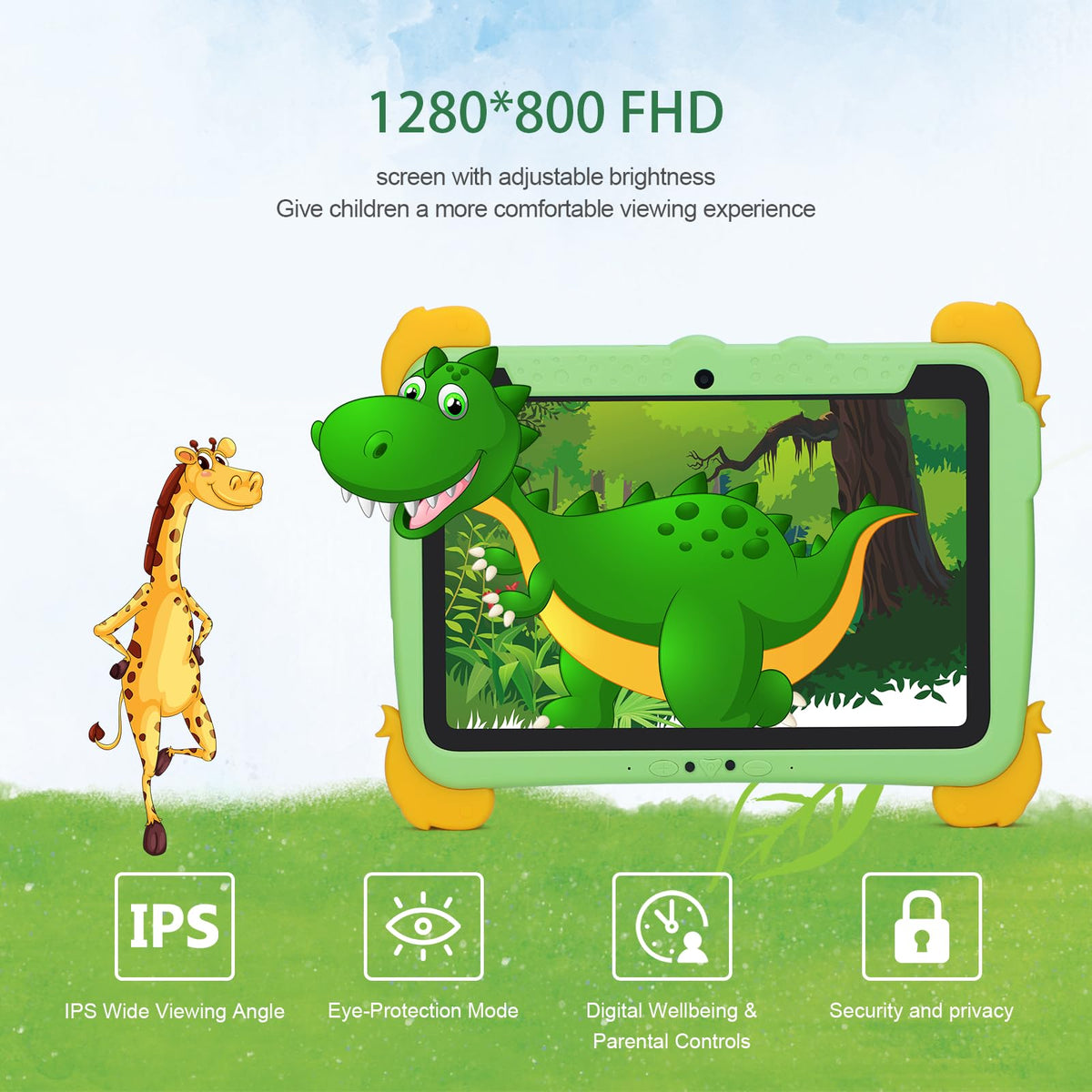 10.1 inch Kids Tablet Android 13 4GB RAM 64GB ROM FHD IPS Screen Green Q281