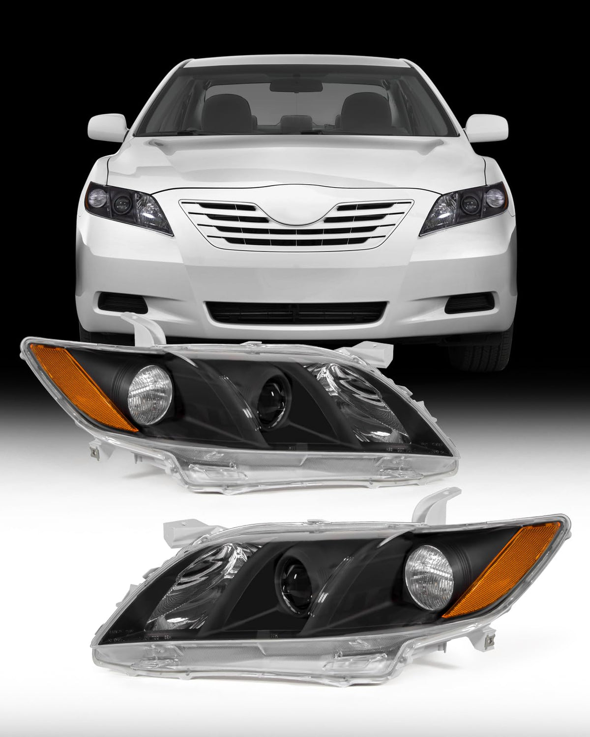 Compatible with 2007-2009 Toyota Camry Headlights Assembly Black Housing Amber Reflectors Left and Right Pairs D932