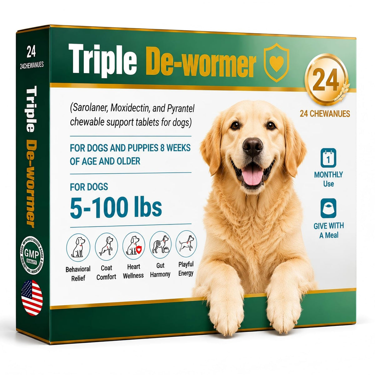 Broad Spectrum Dog Dewormer Tablets with Pyrantel Pamoate, 24 Tablets I169