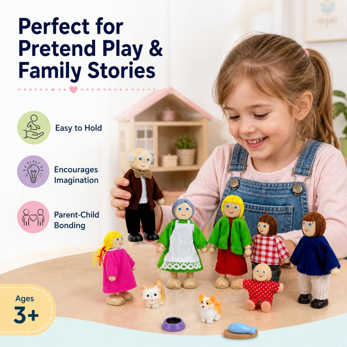 12 Pieces Wooden Dollhouse Family Set with Dog Cat Figures Y878