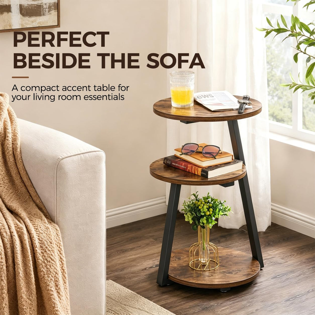 Small Round 3-Tier Side Table with Storage Shelves E783