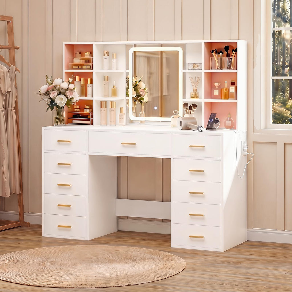 55" Extra-Wide White Makeup Vanity Desk with Lighted Mirror & 11 Drawers G84715