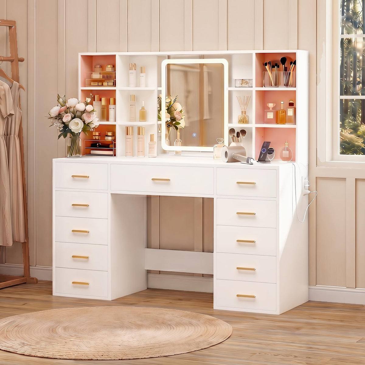 55" Extra-Wide White Makeup Vanity Desk with Lighted Mirror & 11 Drawers G84715