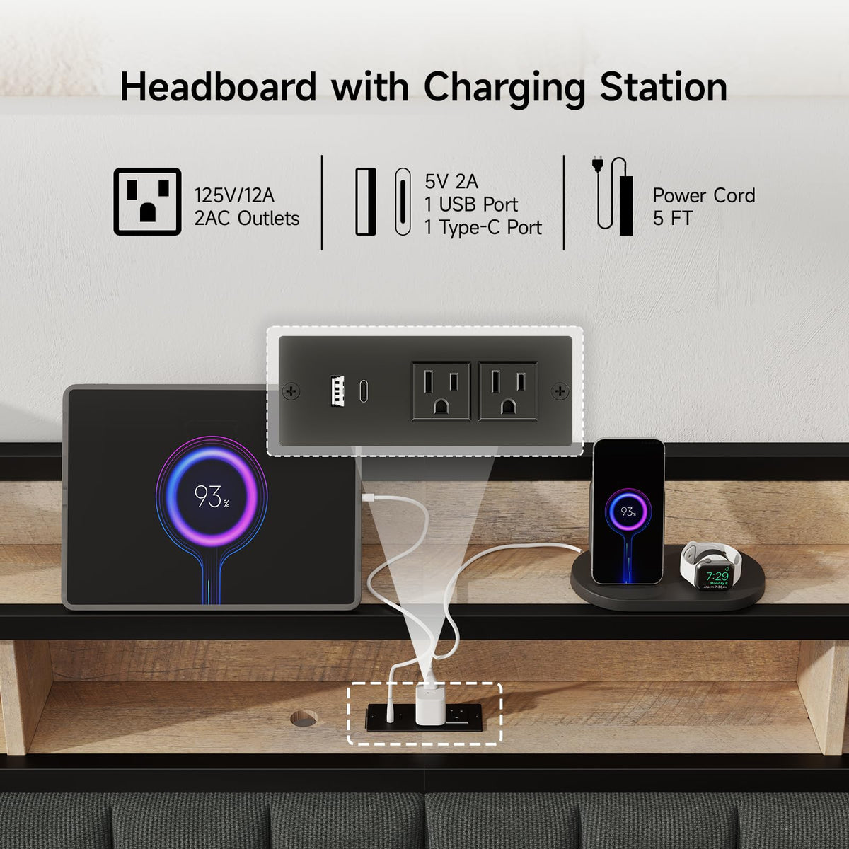 King Headboard with Storage and Charging Station V869
