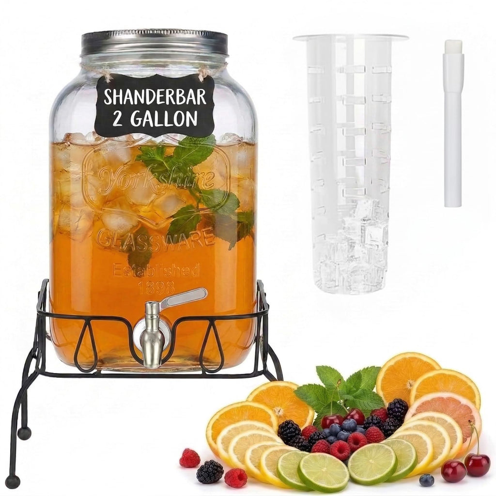 2 Gallon Glass Drink Dispenser with Stand and Lid Q1082