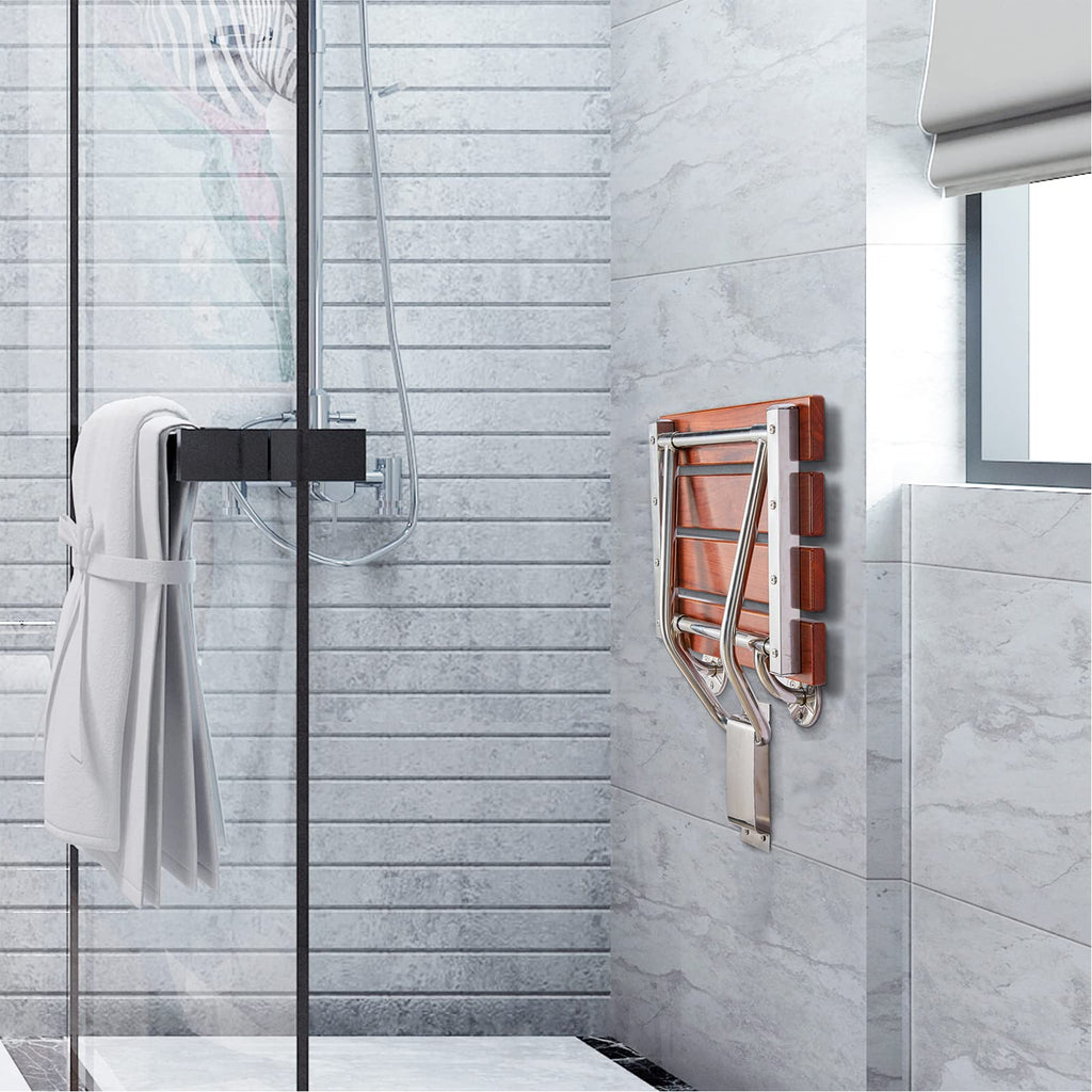 Teak Wood Wall Mounted Folding Shower Seat and Bench 350lb Capacity V676237
