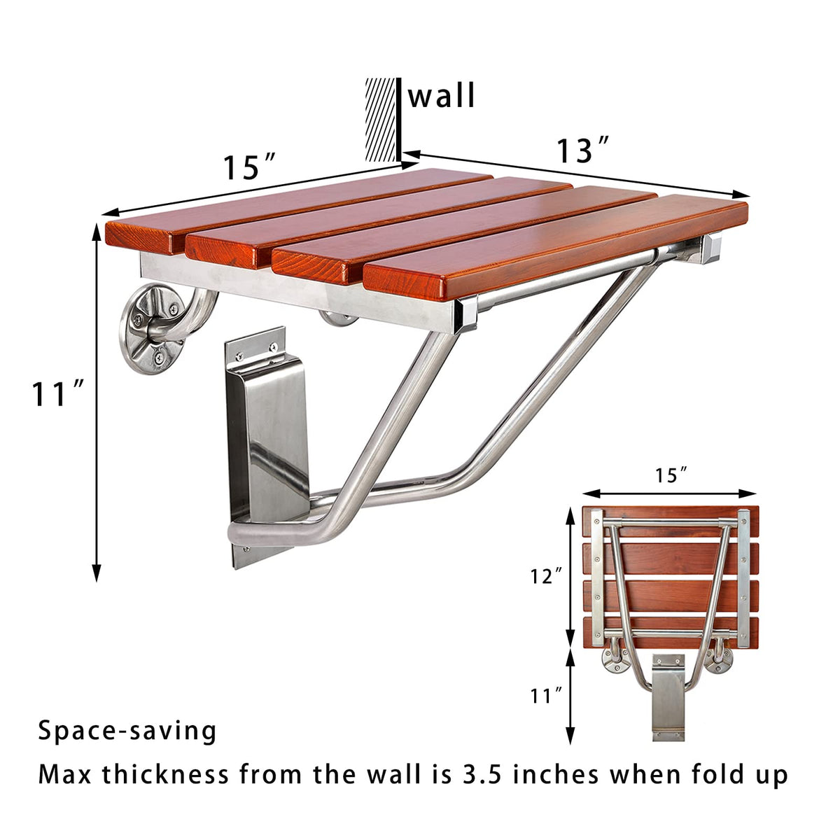 Teak Wood Wall Mounted Folding Shower Seat and Bench 350lb Capacity V676237