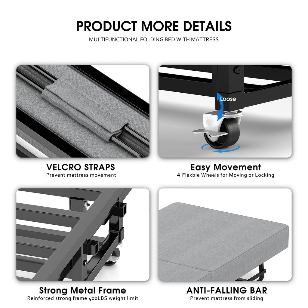 Folding Bed with Mattress, Memory Foam and Metal Frame, 75" x 31" I5046