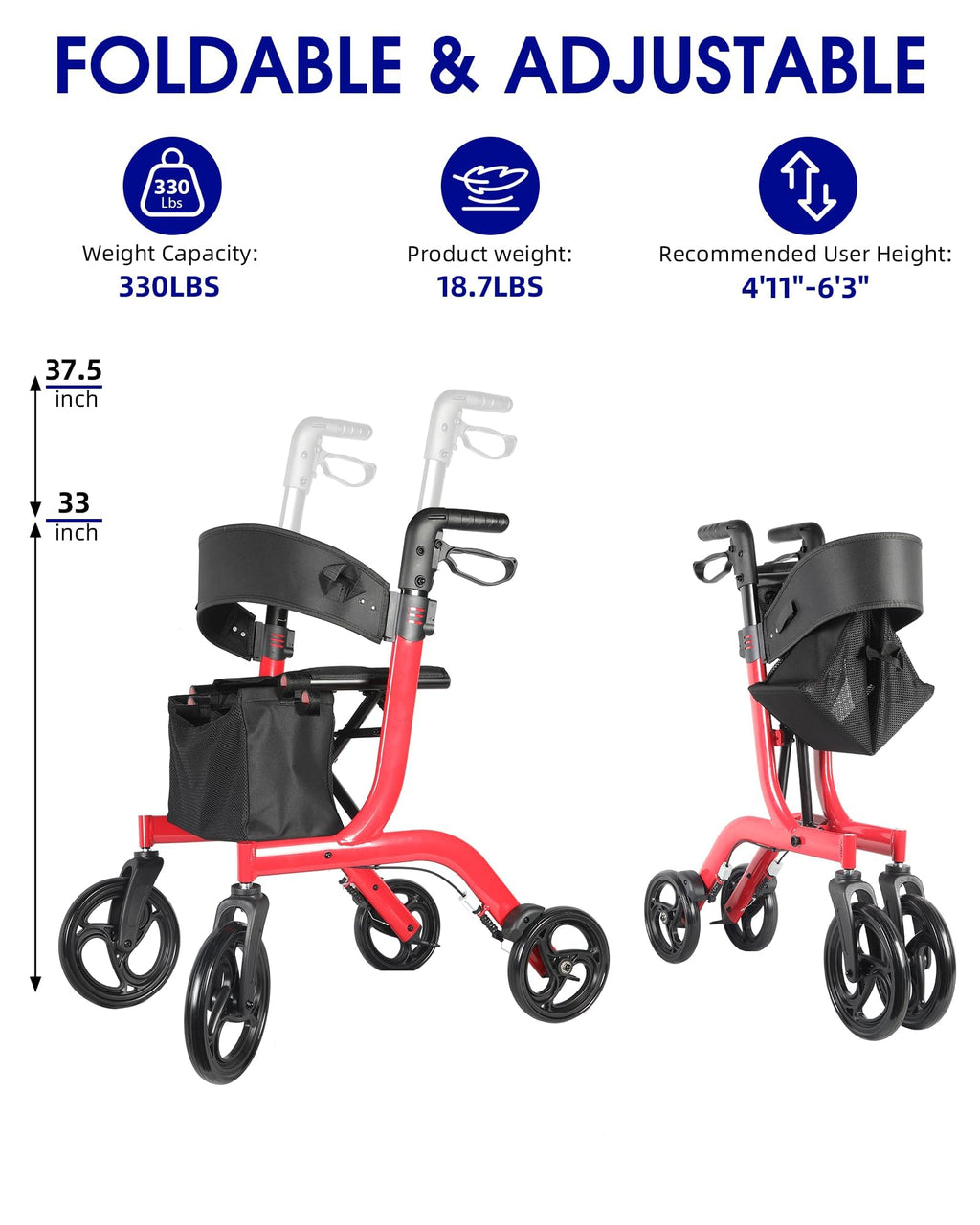 Foldable Rollator Walker with Seat, 19 lbs Lightweight, 10-Inch Wheels N92867