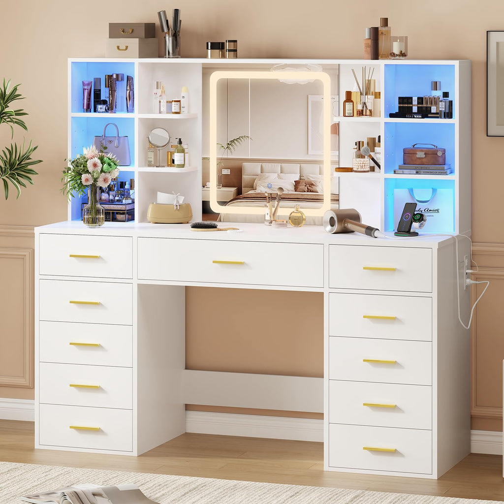 55" Extra-Wide White Makeup Vanity Desk with Lighted Mirror & 11 Drawers G84715