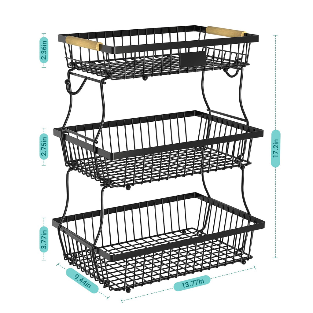 Black 3 Tier Metal Fruit Basket with Wooden Handle U410