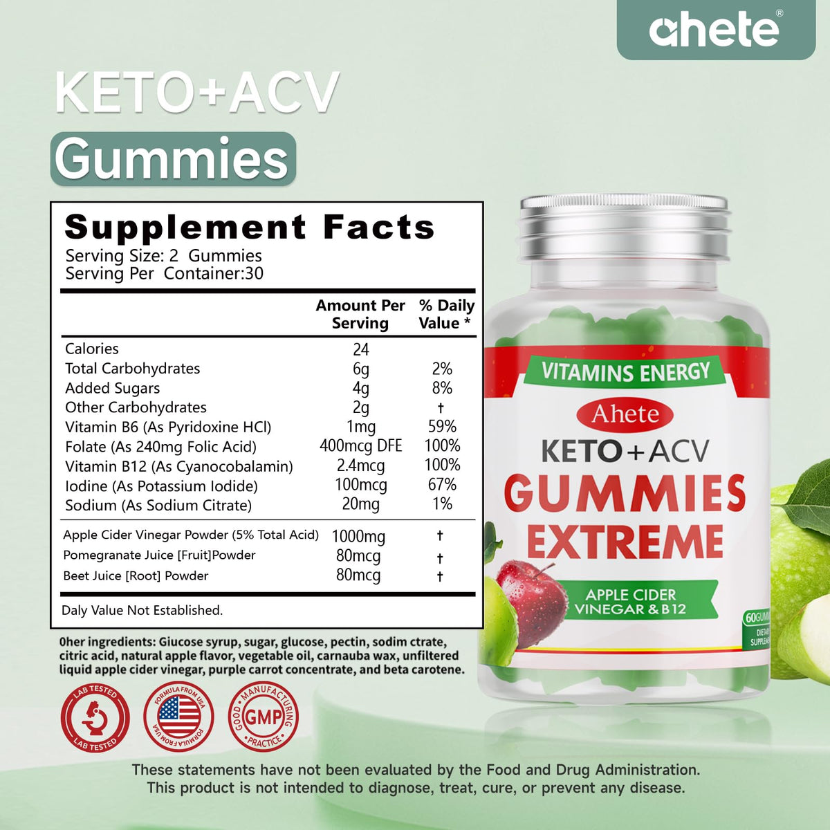 Apple Cider Vinegar Gummies with Vitamin B6, B12, Folate & Beet Root, 180 Gummies L861443