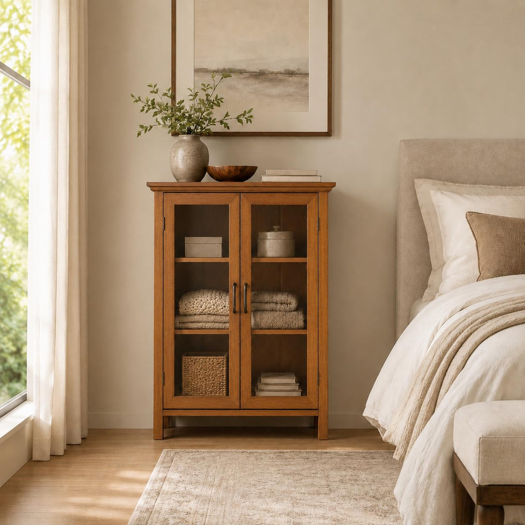 Wooden Freestanding Floor Cabinet with 2 Adjustable Shelves and 2 Glass Paneled Doors W257
