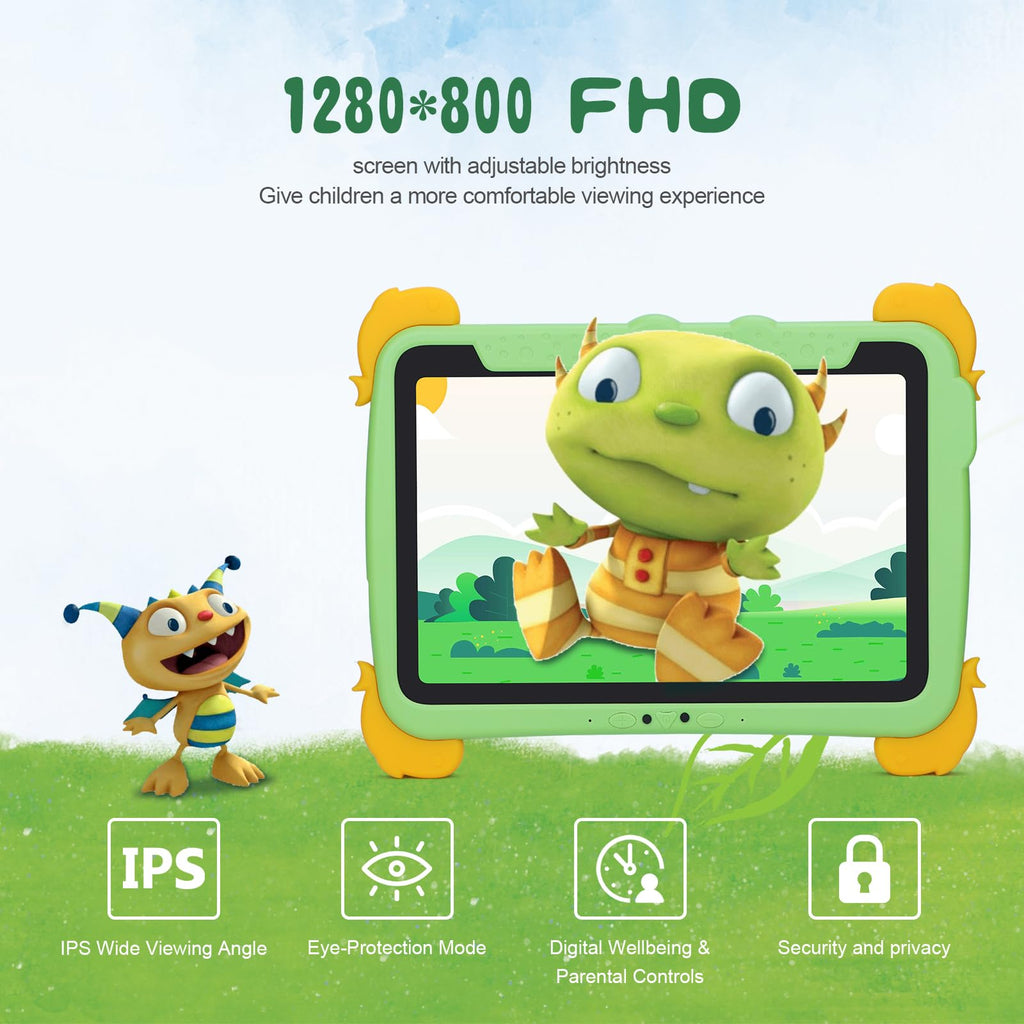 10.1 inch Kids Tablet Android 13 4GB RAM 64GB ROM FHD IPS Screen Green Q281