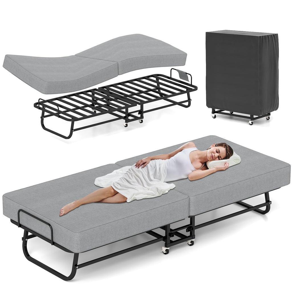 Folding Bed with Mattress, Memory Foam and Metal Frame, 75" x 31" I5046