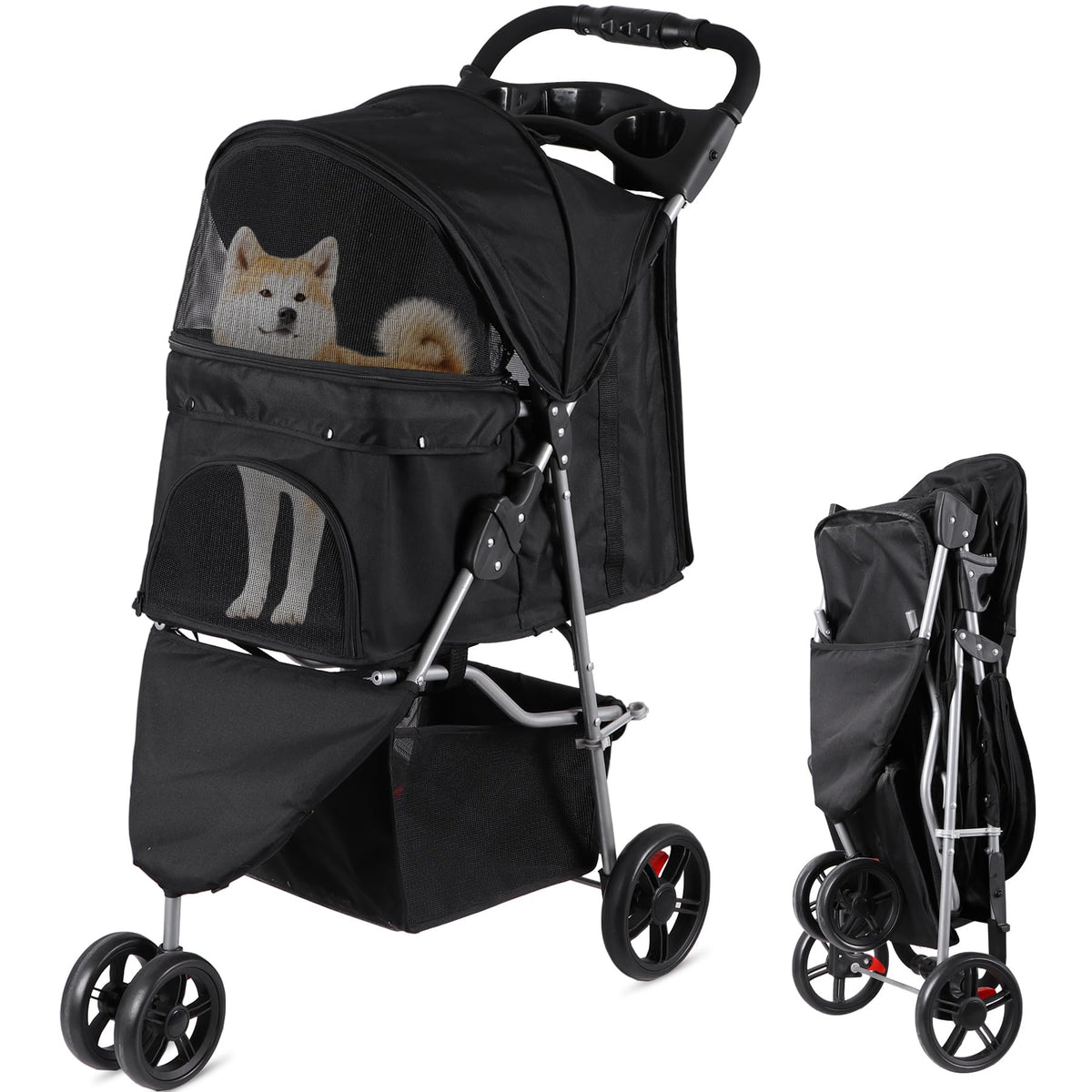 Foldable Pet Stroller with Weather Cover, Storage Basket and Cup Holder X31654