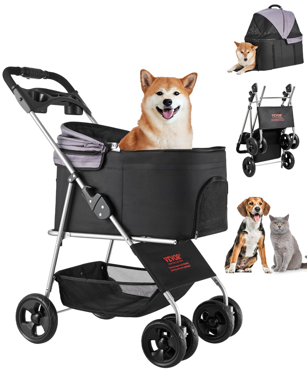 Foldable 4 Wheels Pet Stroller with Detachable Carrier K17301