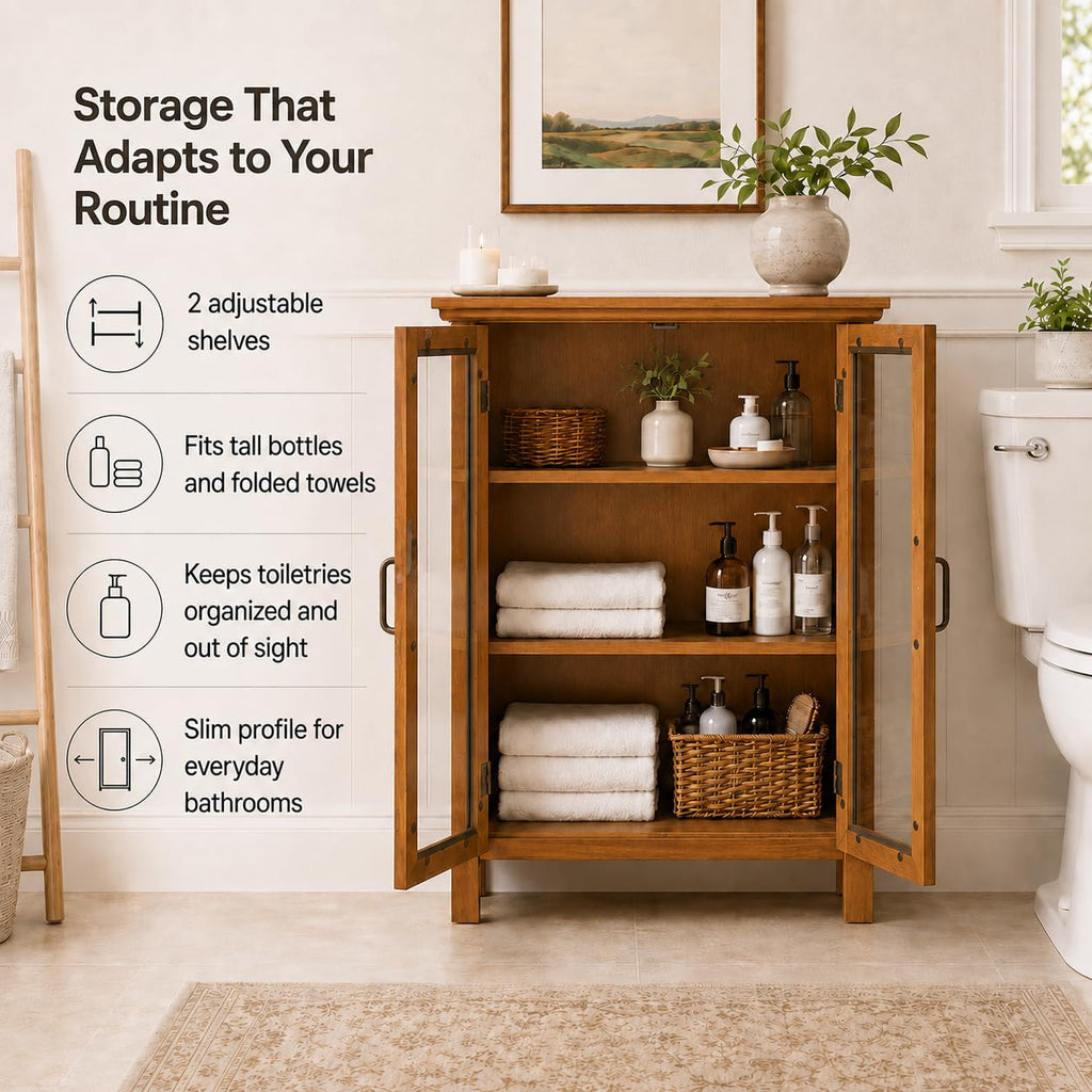 Wooden Freestanding Floor Cabinet with 2 Adjustable Shelves and 2 Glass Paneled Doors W257