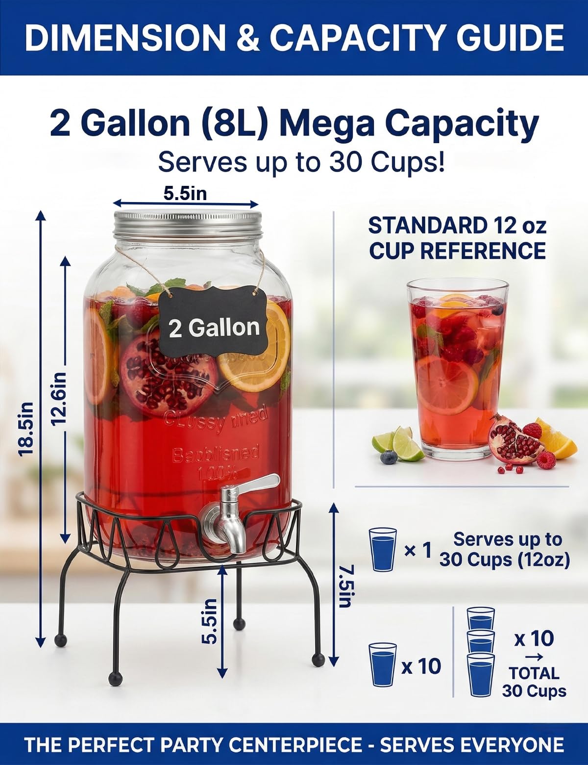 2 Gallon Glass Drink Dispenser with Stand and Lid Q1082