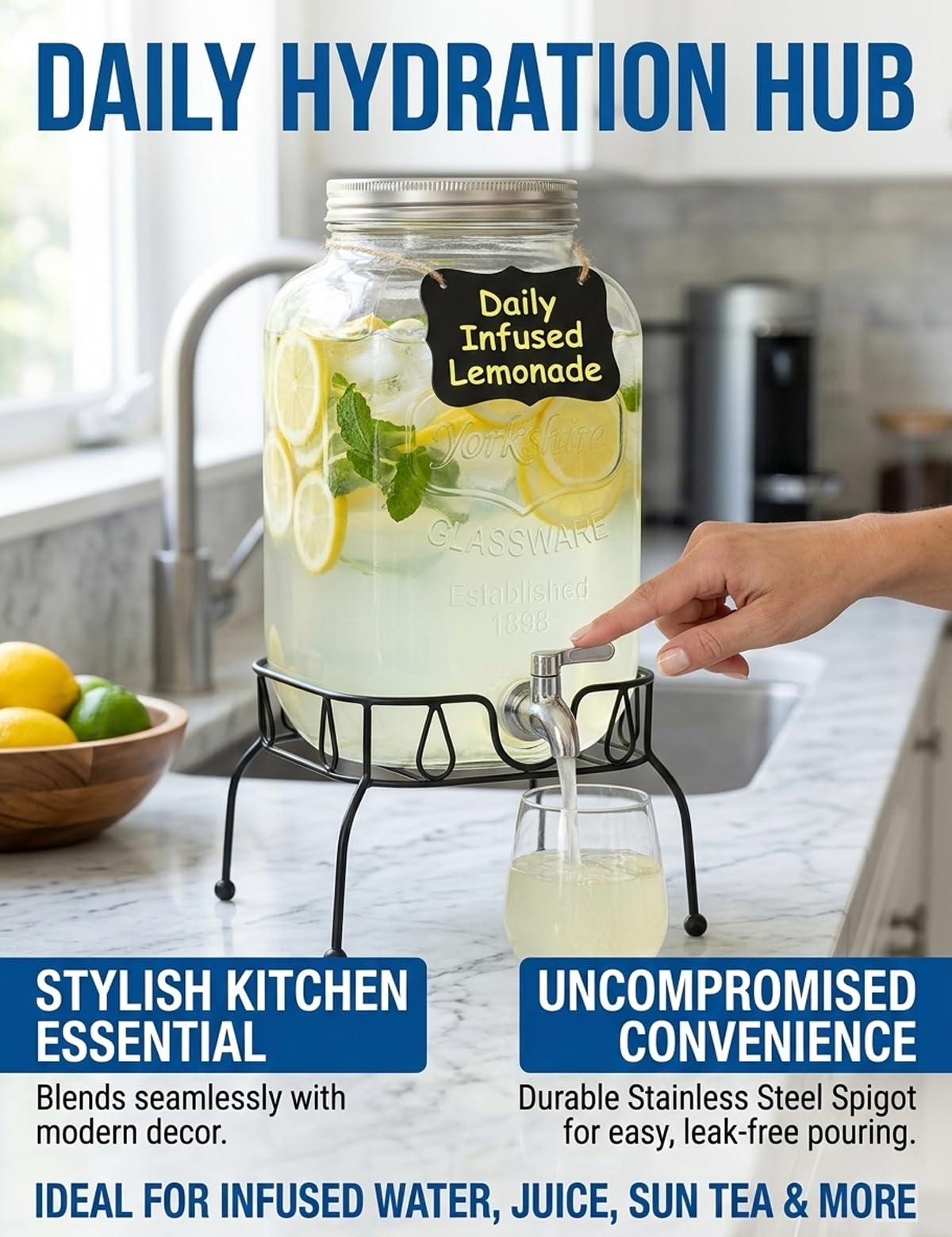 2 Gallon Glass Drink Dispenser with Stand and Lid Q1082