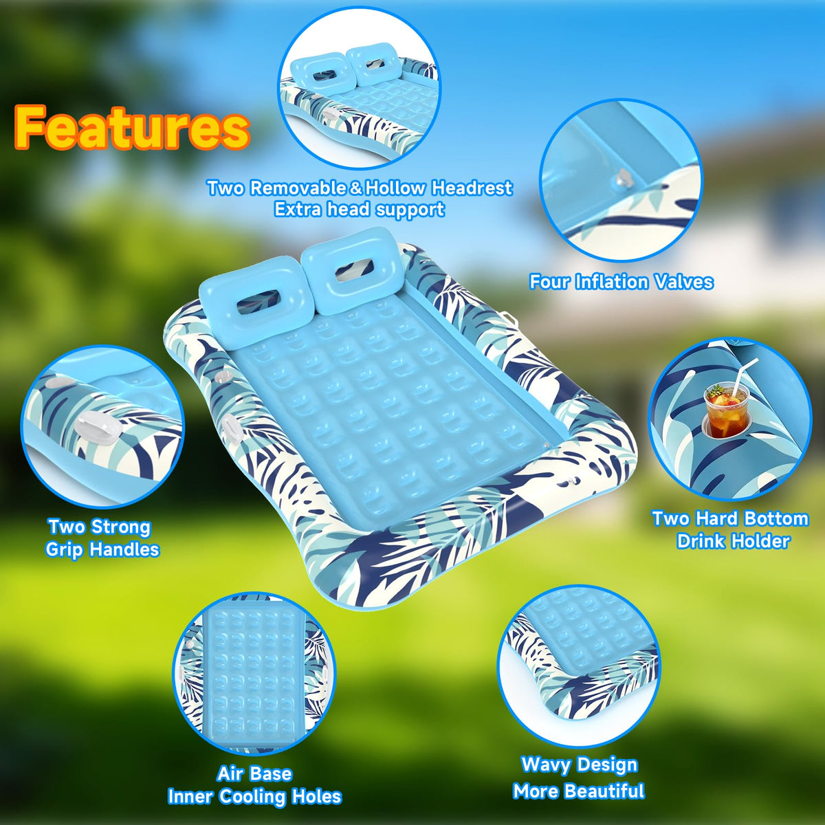 75"x64" XXL Inflatable Tanning Pool Lounger Float with Pillow Blue I847