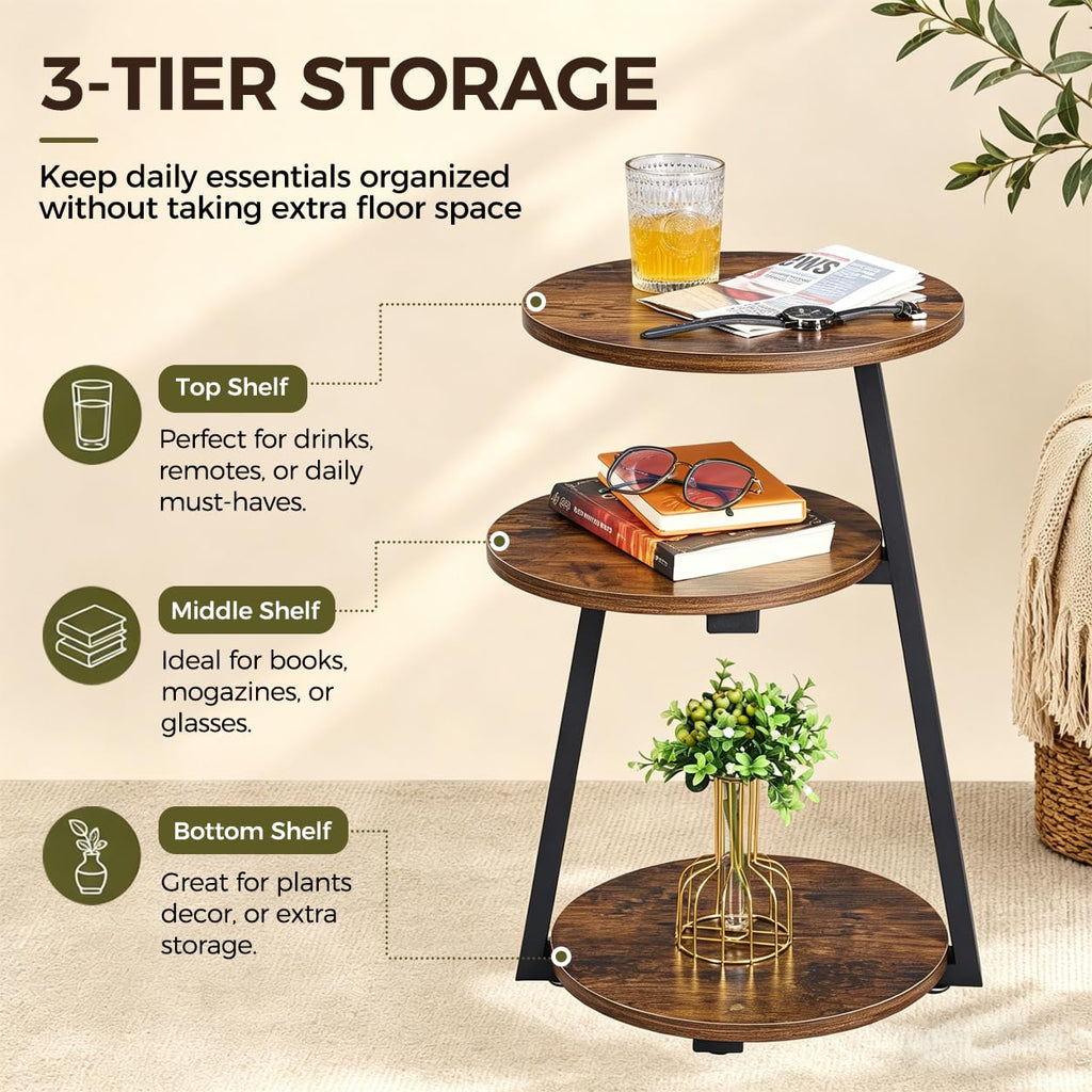 Small Round 3-Tier Side Table with Storage Shelves E783