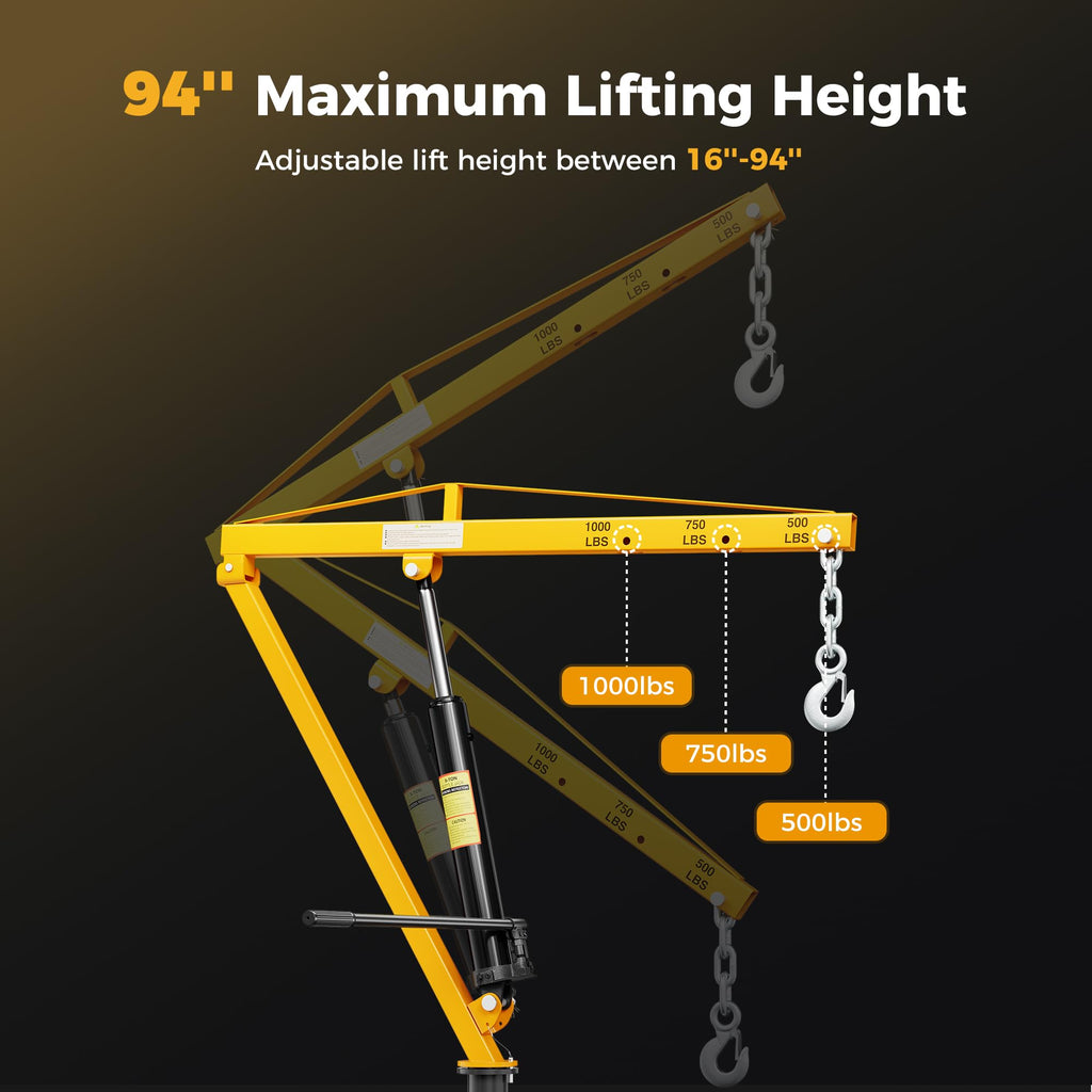 Truck Crane 1000 lb Hydraulic 360 Swivel Yellow A7687