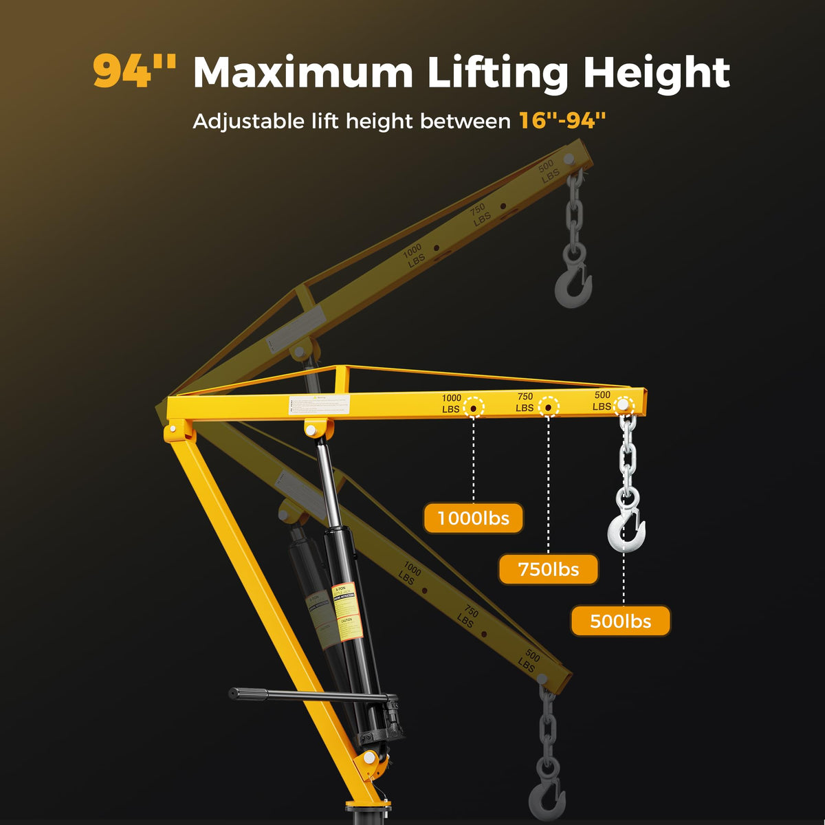 Truck Crane 1000 lb Hydraulic 360 Swivel Yellow A7687