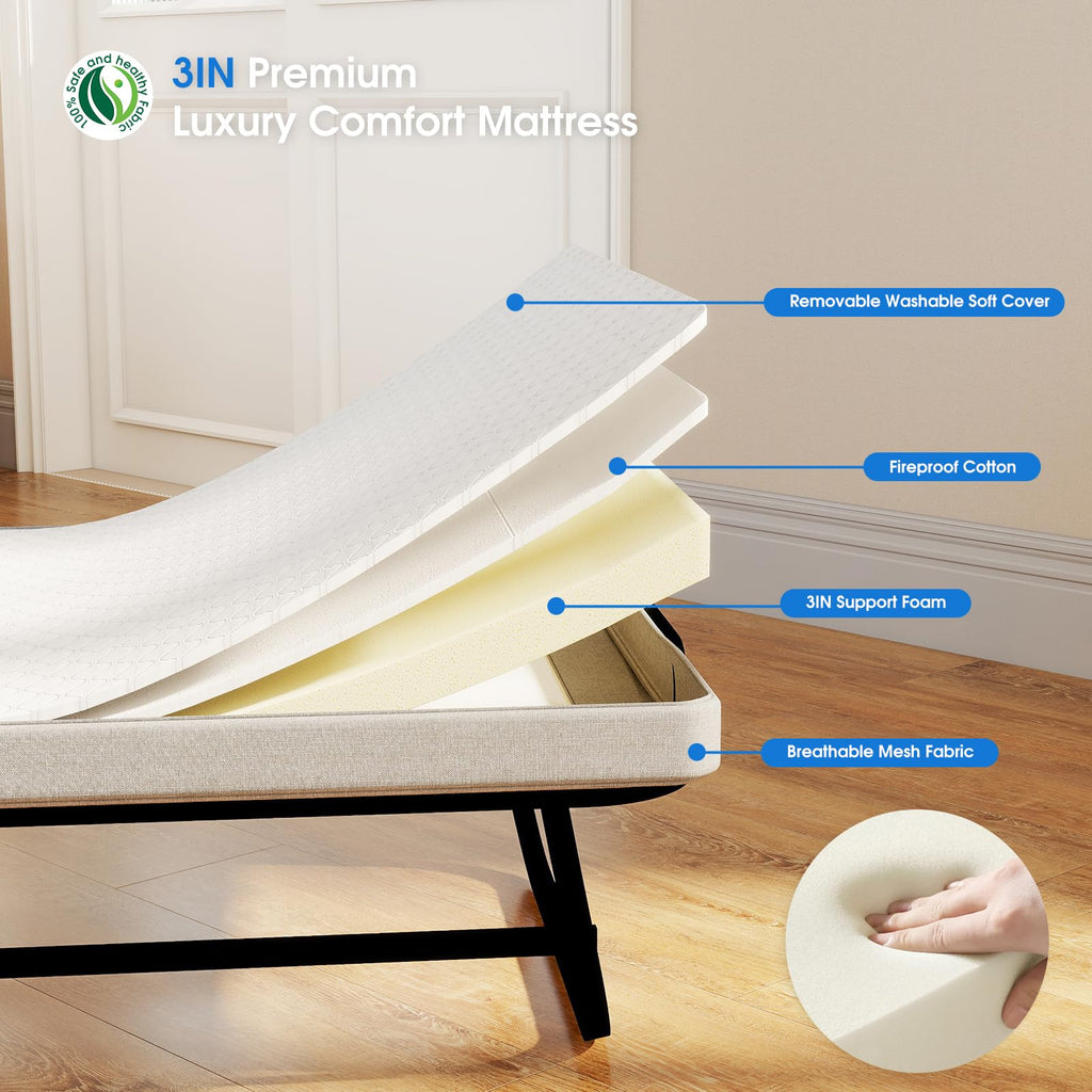 Folding Bed with Mattress, Memory Foam and Metal Frame, 75" x 31" I5046