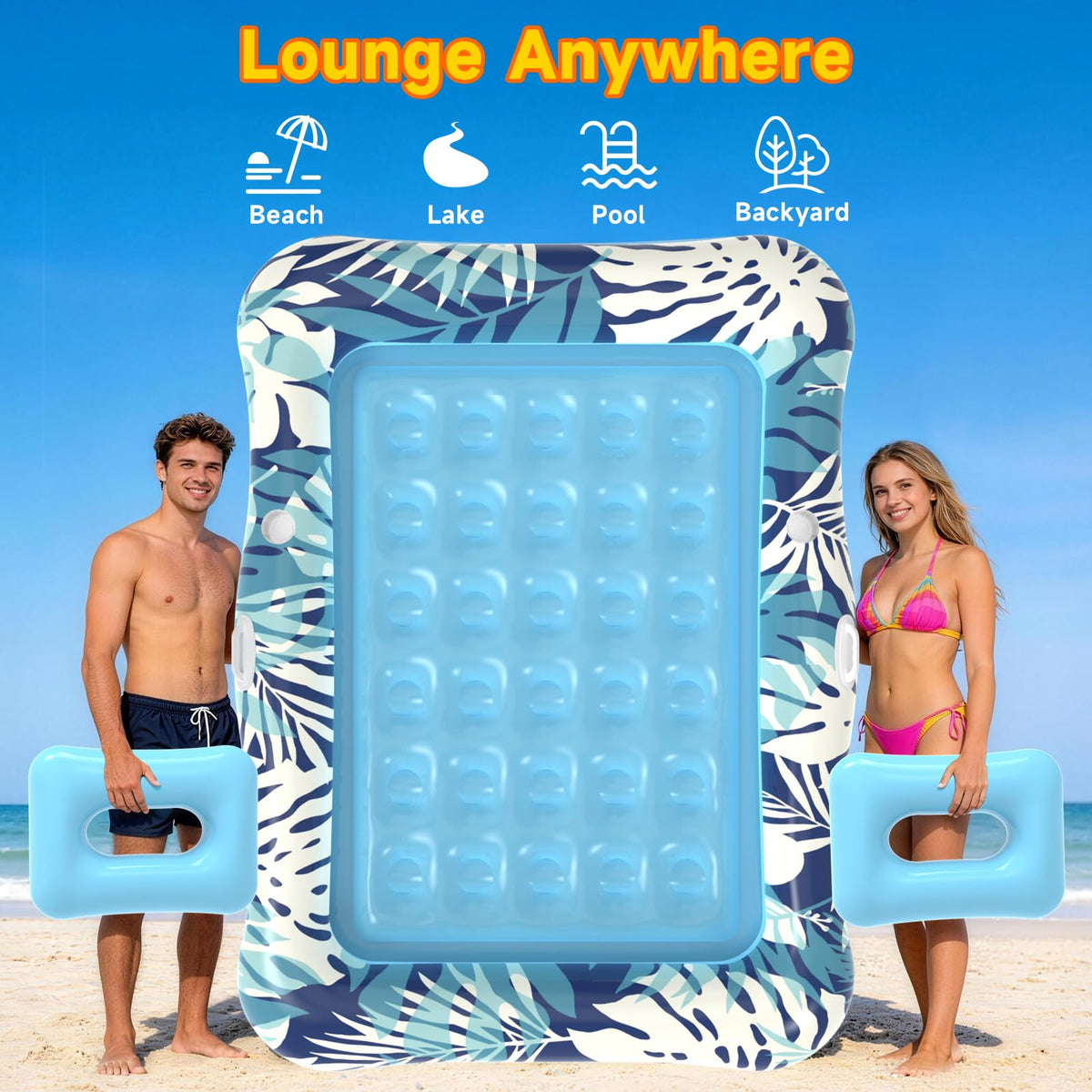 75"x64" XXL Inflatable Tanning Pool Lounger Float with Pillow Blue I847