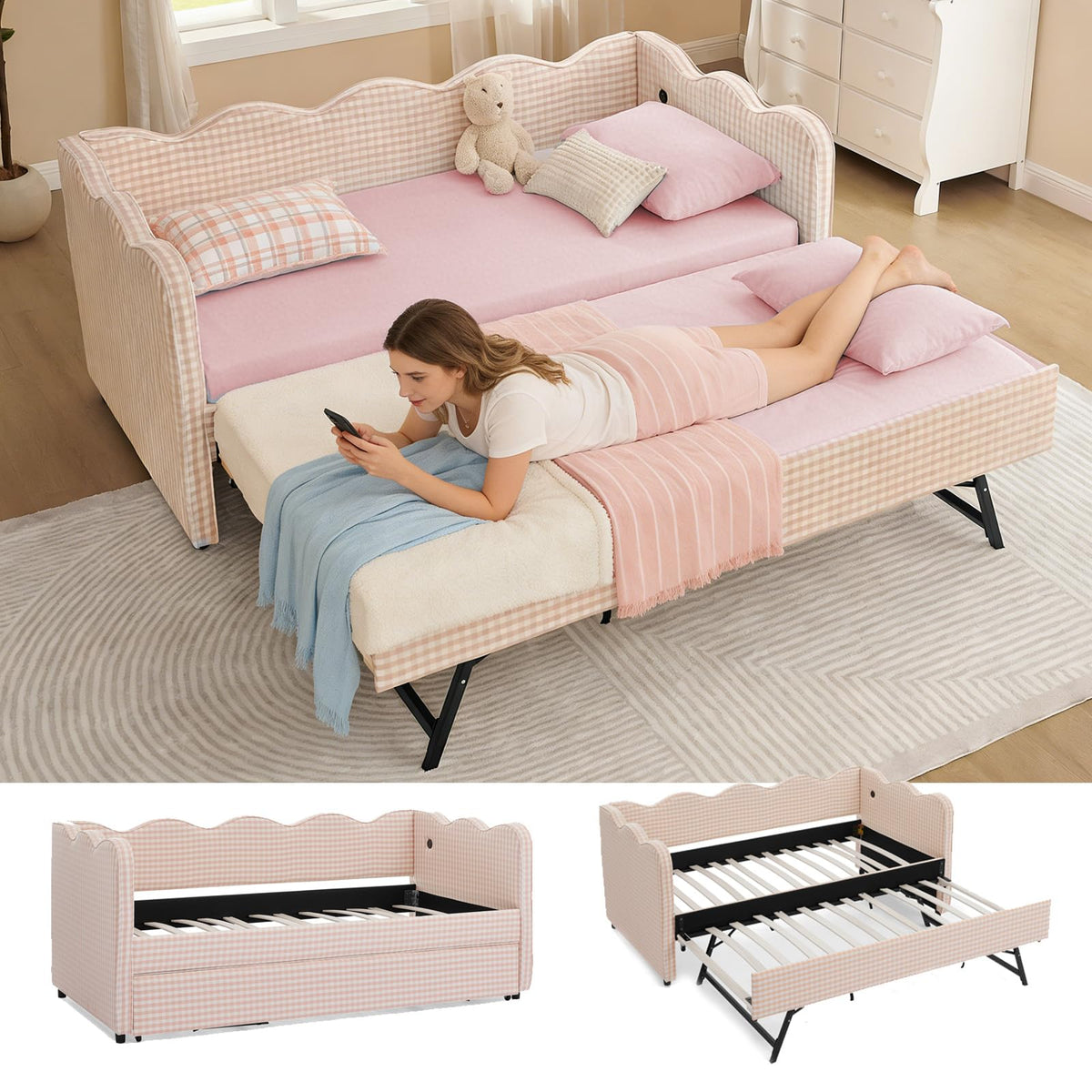 Pink Twin Size Gingham Daybed with Trundle U697490