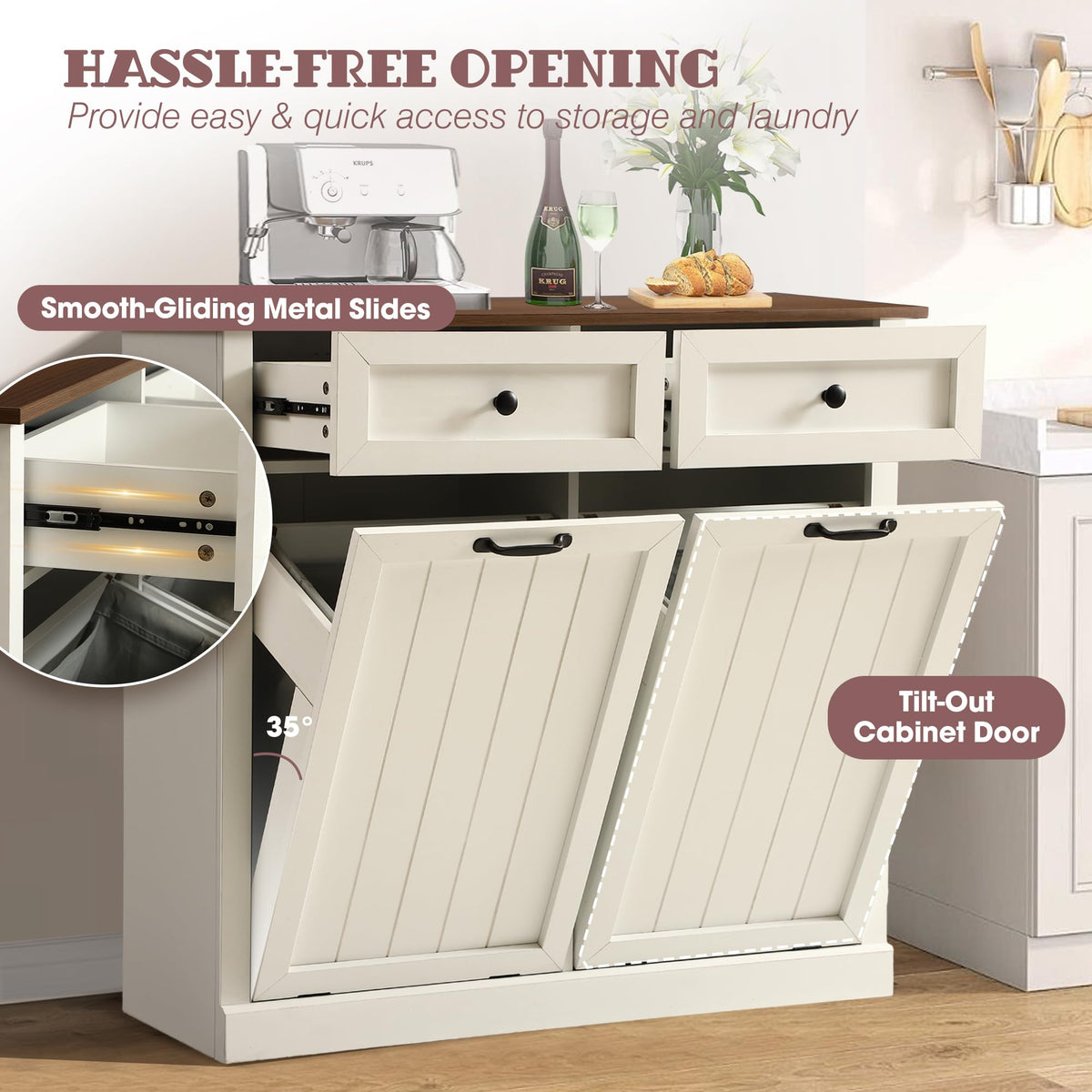 White 22 Gallon Laundry Hamper Cabinet with 2 Drawers Y6684