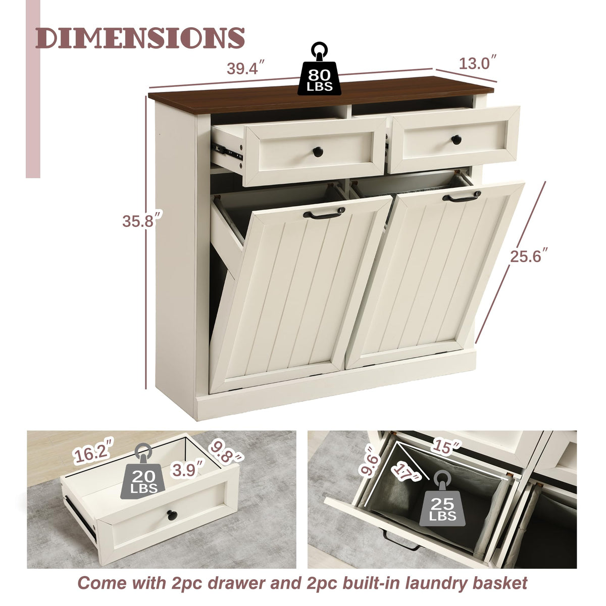 White 22 Gallon Laundry Hamper Cabinet with 2 Drawers Y6684