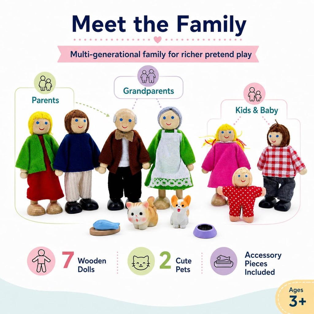 12 Pieces Wooden Dollhouse Family Set with Dog Cat Figures Y878