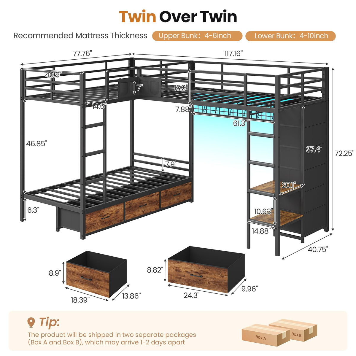 Black Twin Over Twin Triple Bunk Bed with 9 Storage Drawers U285369