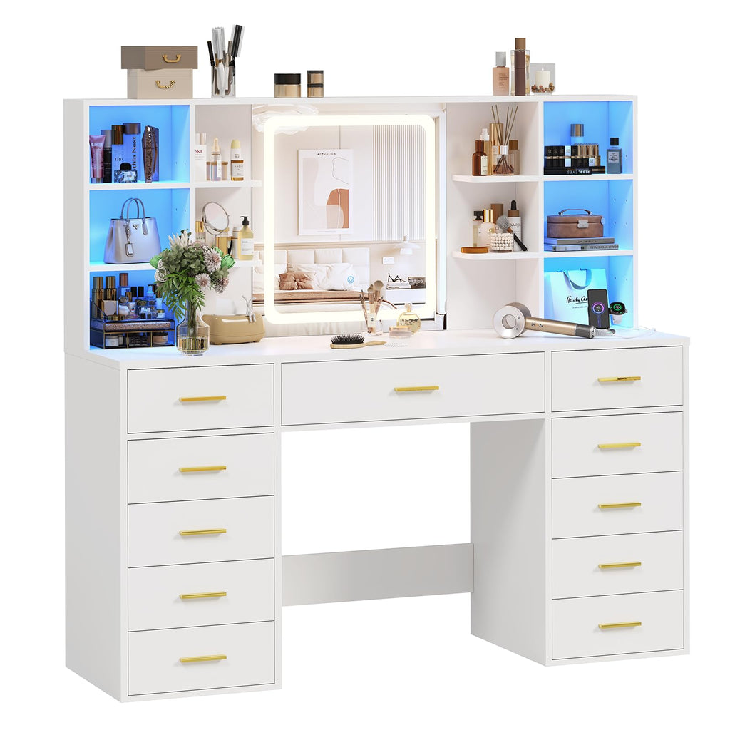 55" Extra-Wide White Makeup Vanity Desk with Lighted Mirror & 11 Drawers G84715